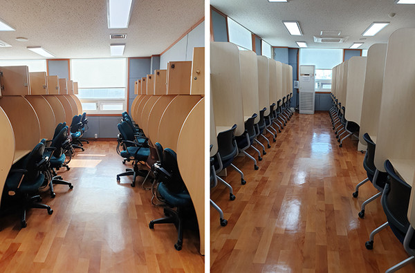 독서실 열람실 책상·의자 교체 전(左)과 변경 후(右) 모습.