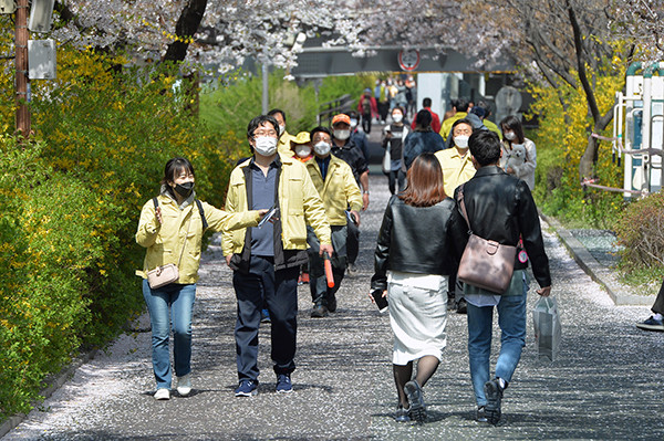 구청 직원들(노란색 옷)이 장안벚꽃안길에서 산책에 나선 주민들에게 '사회적 거리두기'를 홍보하고 있다.